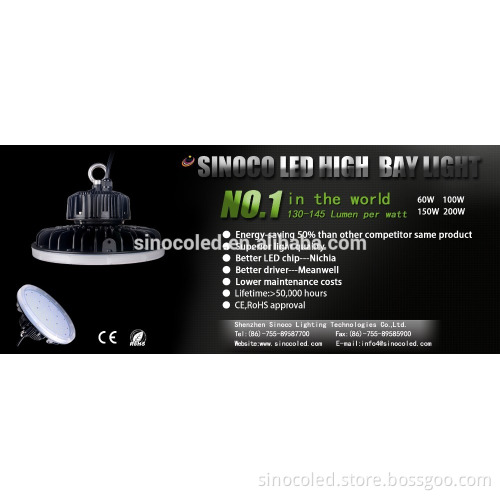 CE RoHS certified Nichia chip Meanwell driver led high bay light ufo
